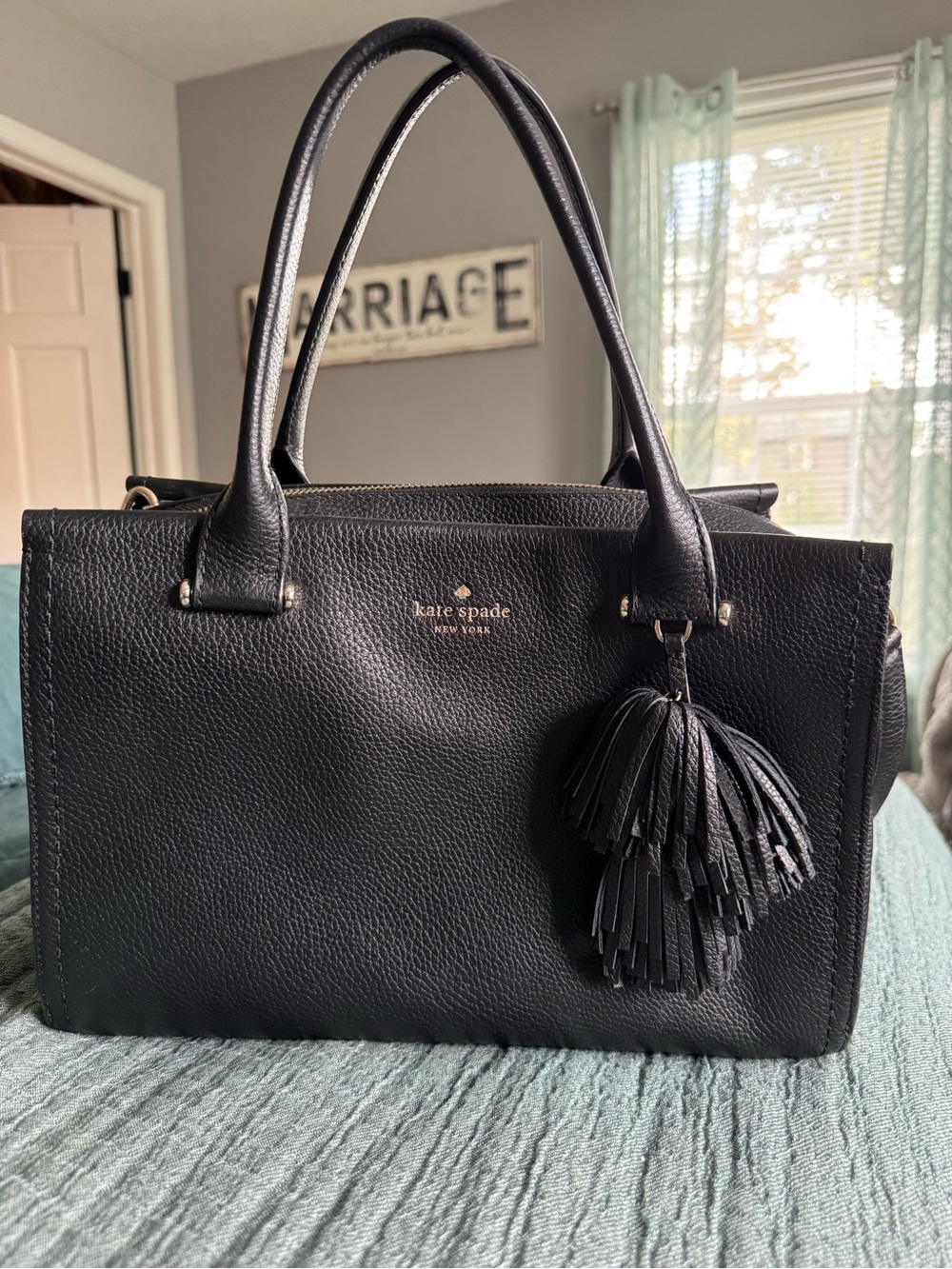 kate spade Black Pebbled Leather Satchel with Tassel Charm